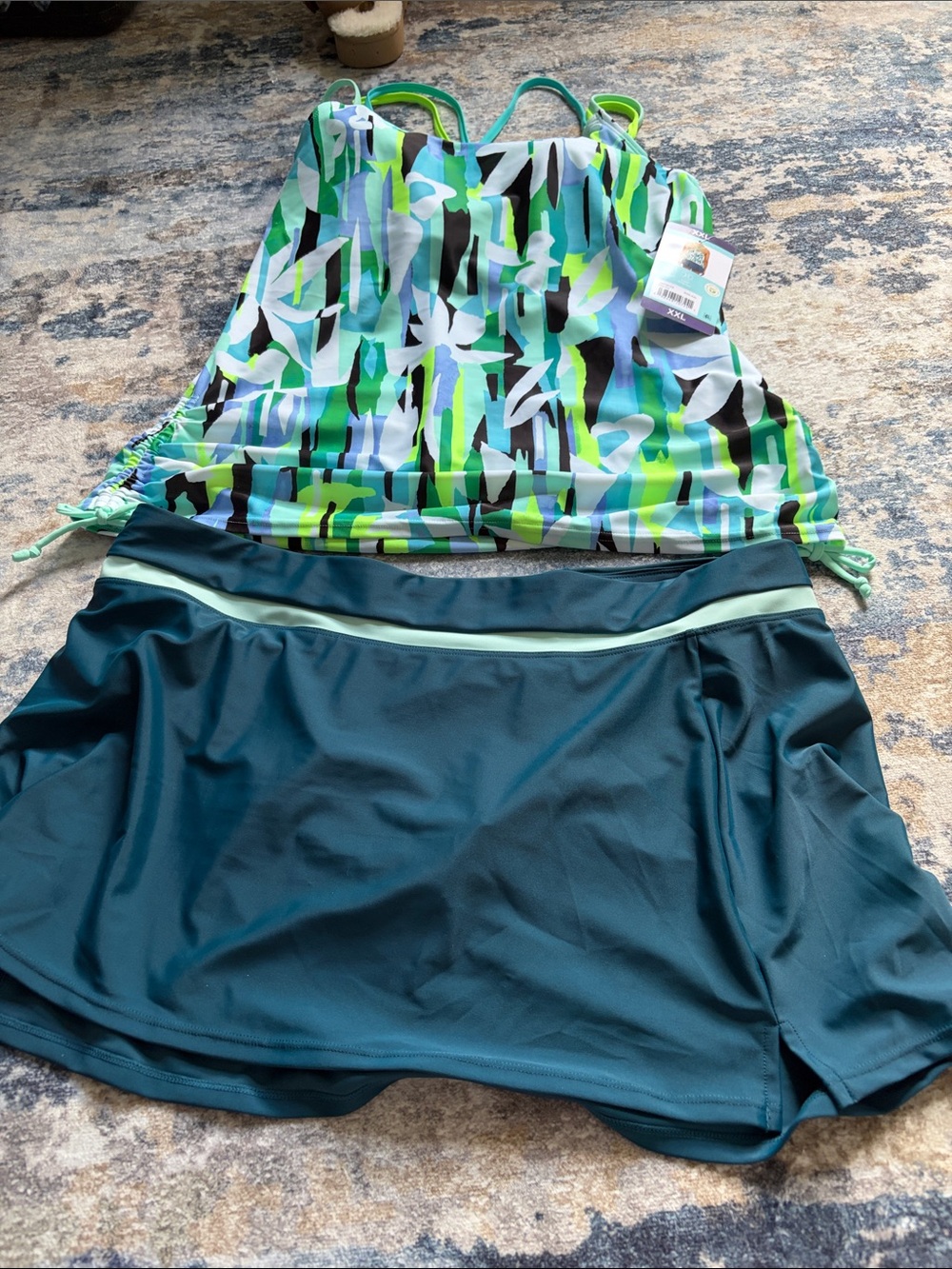 ZeroXposur Teal, Lime & White Printed Tankini with Teal Swim Skirt